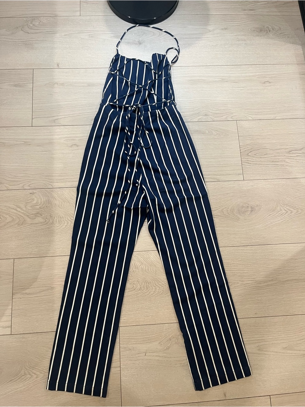 Reformation Striped Navy Blue Jumpsuit with White Pinstripes women’s size 2 - Picture 8 of 10
